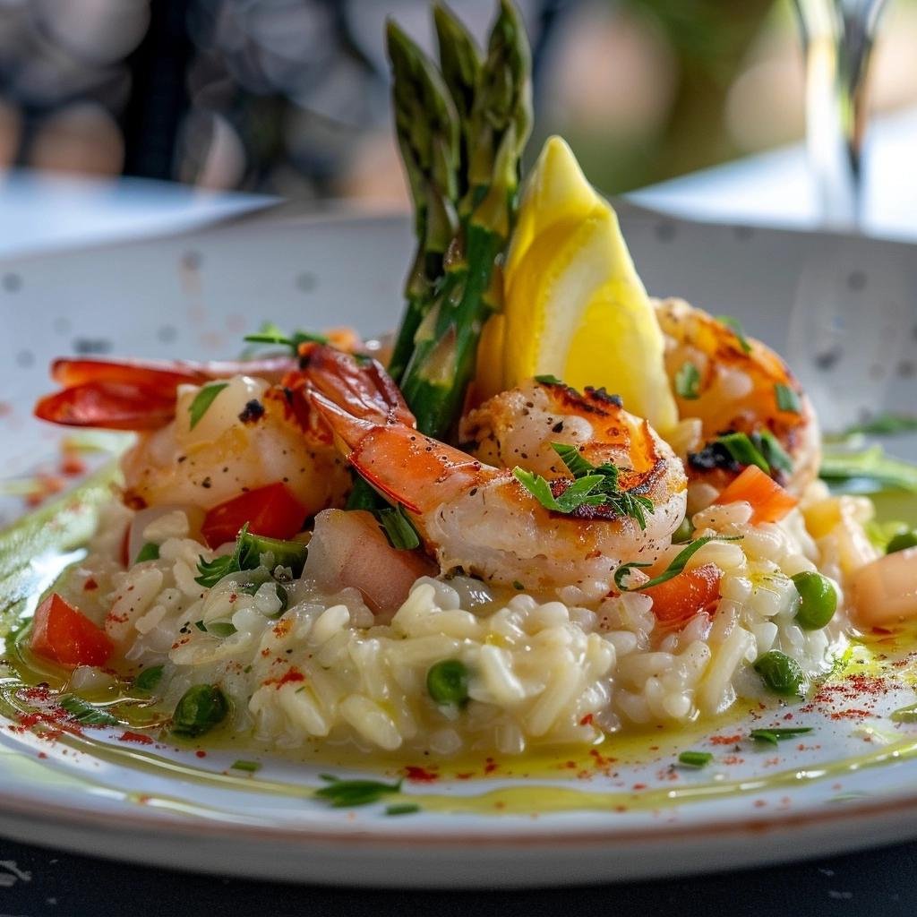 Risoto de Camarão com Limão-Siciliano e Espargos. 2 Risoto de Frutos do Mar com Limão-siciliano e Espargos