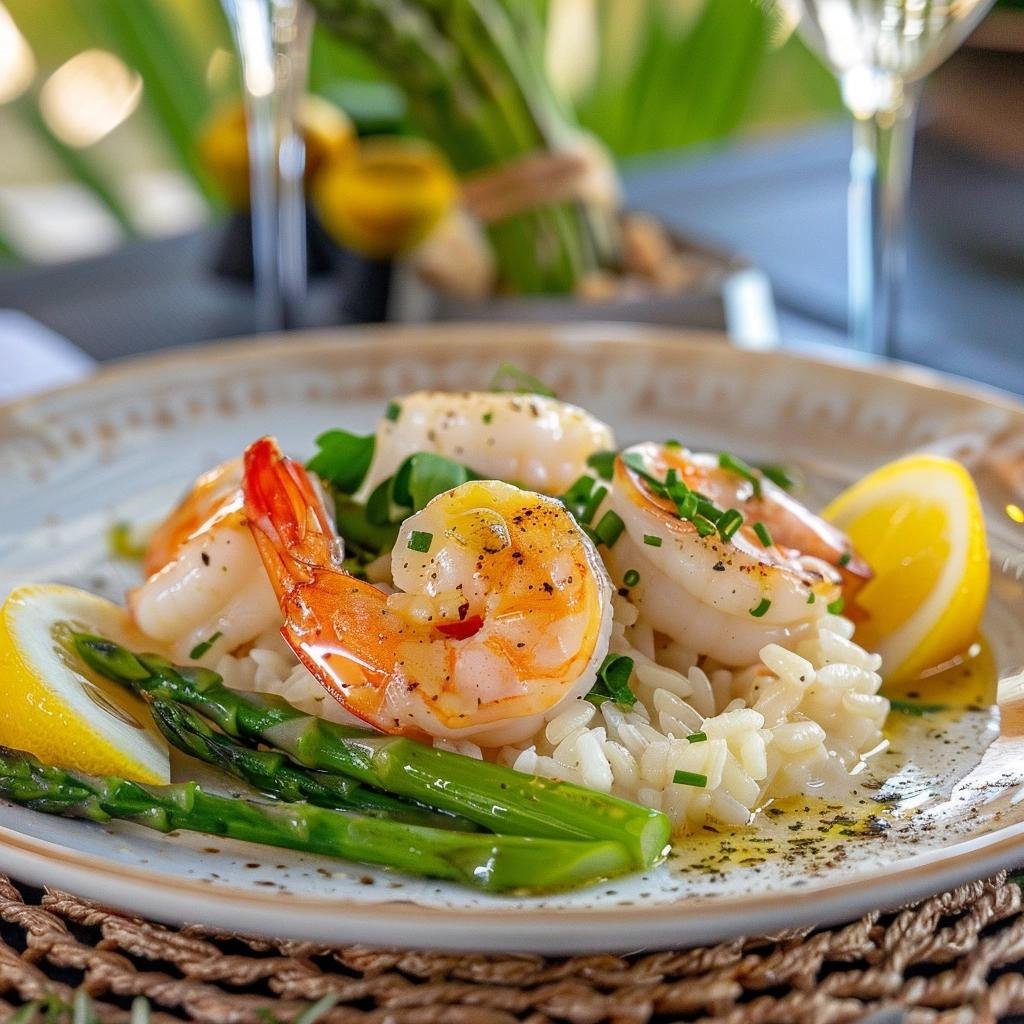 Risoto de Camarão com Limão-Siciliano e Espargos. 1 Risoto de Frutos do Mar com Limão-siciliano e Espargos