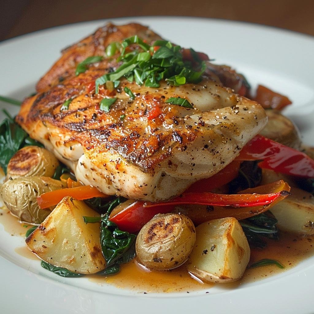 Receita de Peixe Espada à Portuguesa com Espinafre, Batatas e Pimentão. 1 Peixe Espada à Portuguesa com Batatas e Pimentão e Espinafre com Batata