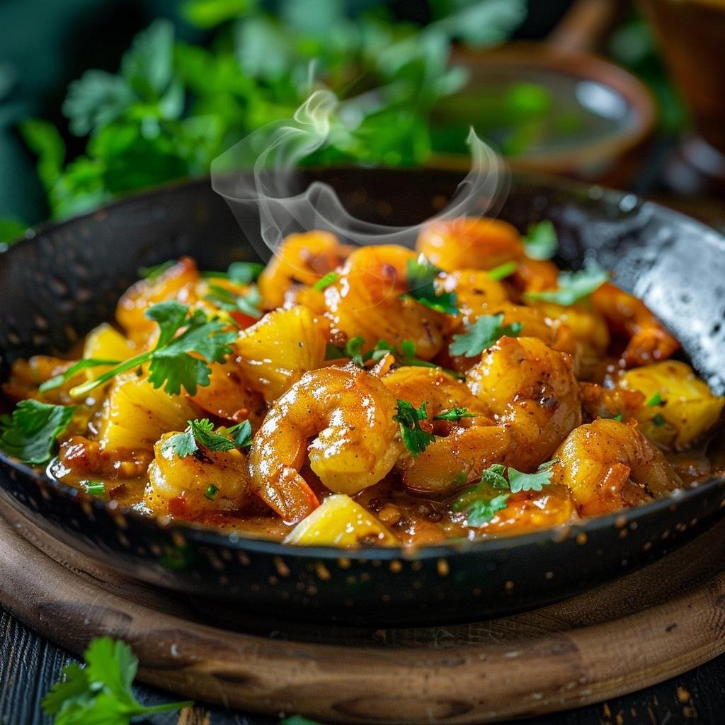 Receita de Camarões ao Curry com Abacaxi e Coentro. Você já provou esta combinação exótica? 4 Camarões ao Curry com Abacaxi e Coentro