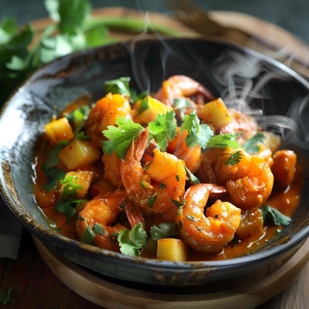 Receita de Camarões ao Curry com Abacaxi e Coentro. Você já provou esta combinação exótica? 1 Camarões ao Curry com Abacaxi e Coentro