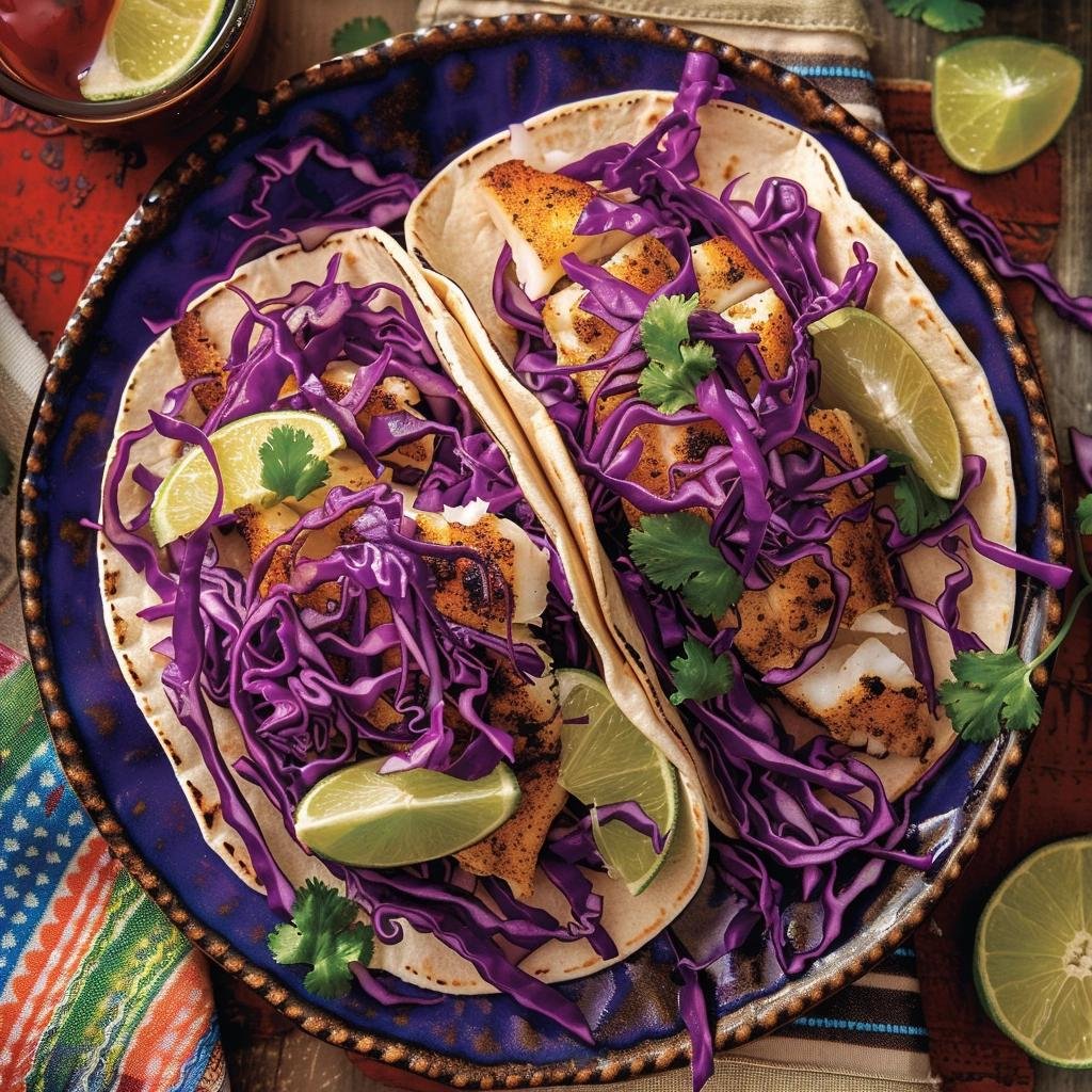 Receita de Tacos de Peixe com Repolho Roxo. 3 Tacos de Peixe com Repolho Roxo