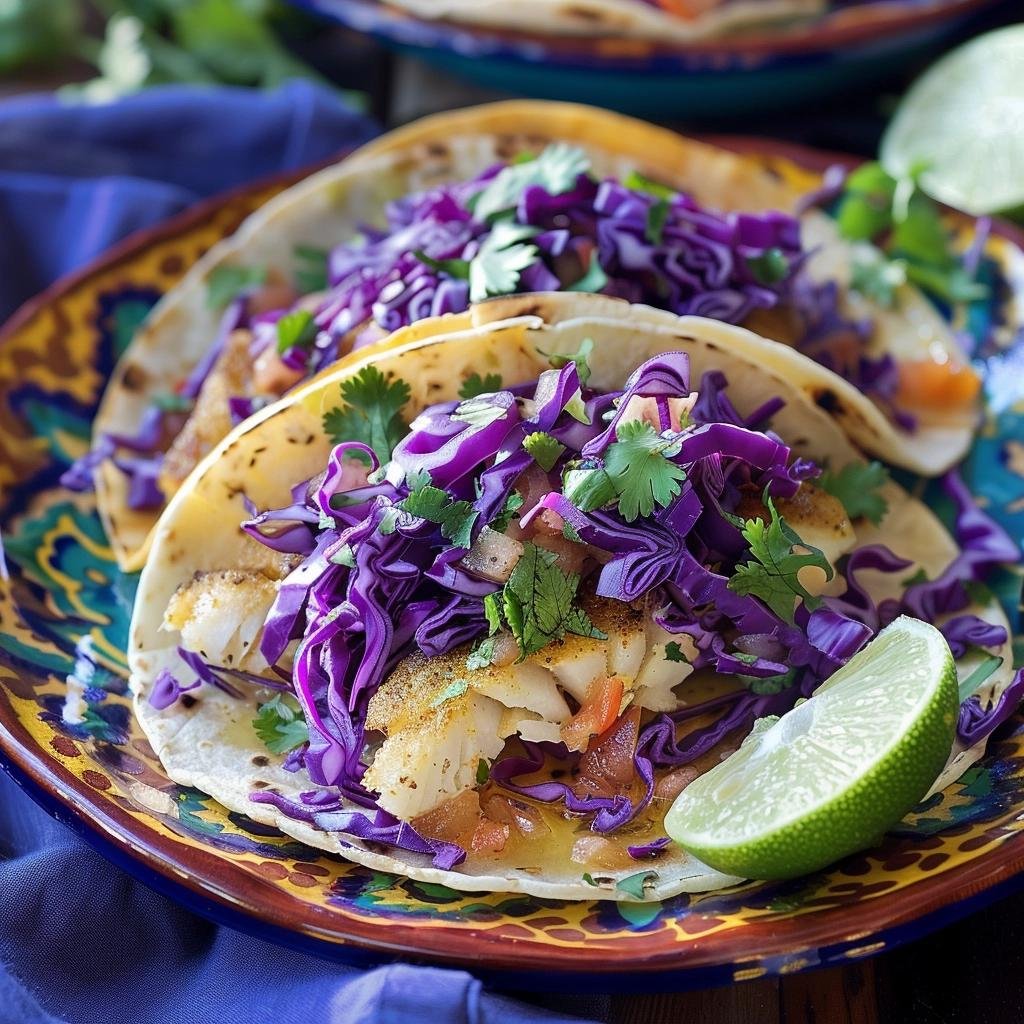 Receita de Tacos de Peixe com Repolho Roxo. 2 Tacos de Peixe com Repolho Roxo