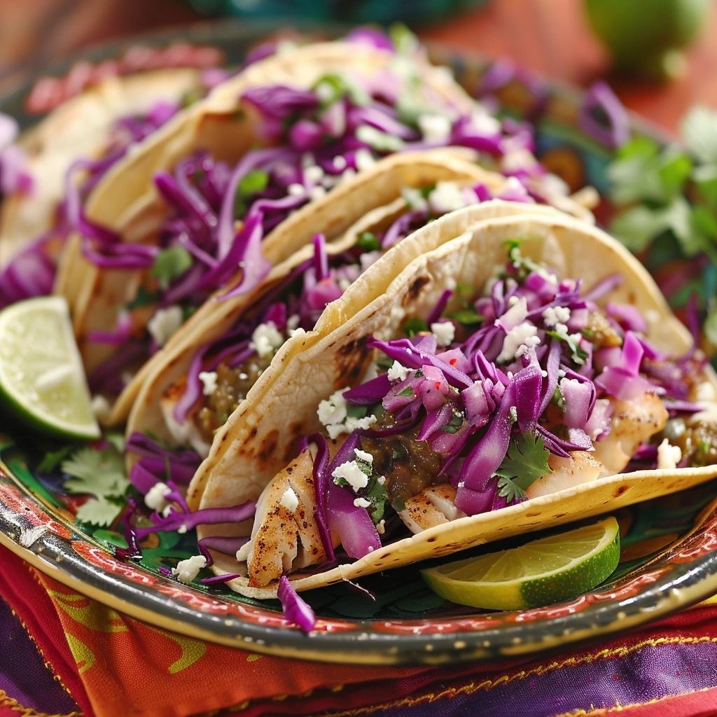 Receita de Tacos de Peixe com Repolho Roxo. 1 Tacos de Peixe com Repolho Roxo