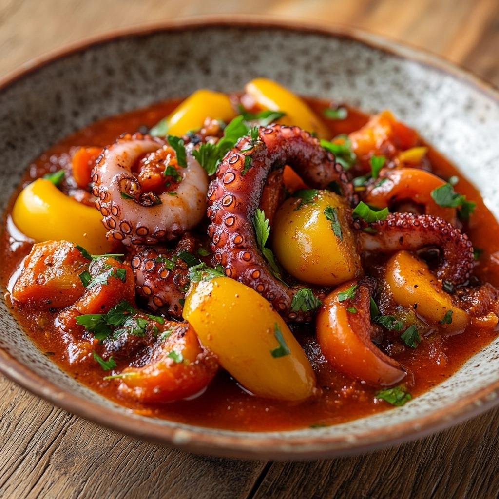Receita de Polvo com Molho de Tomate e Pimentão que vai transformar seu jantar em uma experiência única. 1 Polvo com Molho de Tomate e Pimentão