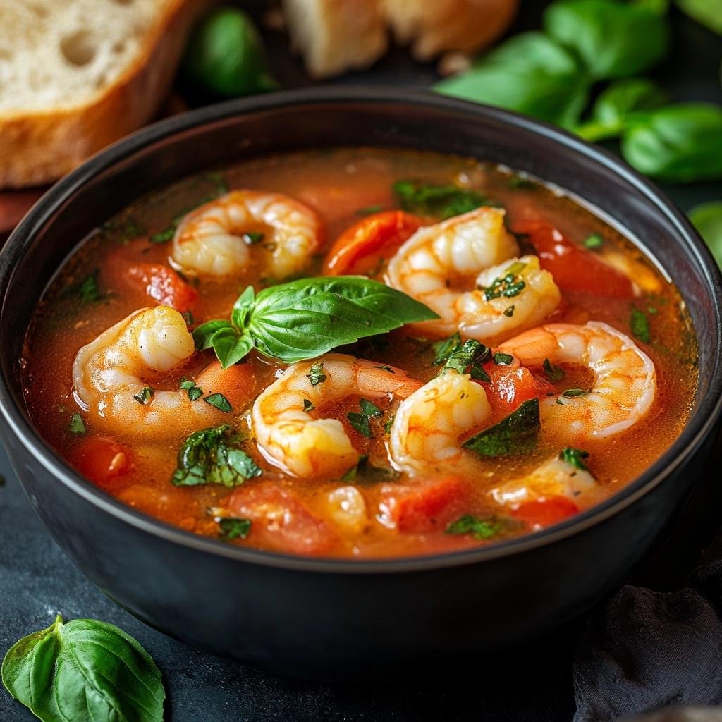 Receita de Sopa de Camarão com Tomate e Manjericão que vai surpreender seu paladar. 3 Sopa de Camarão com Tomate e Manjericão