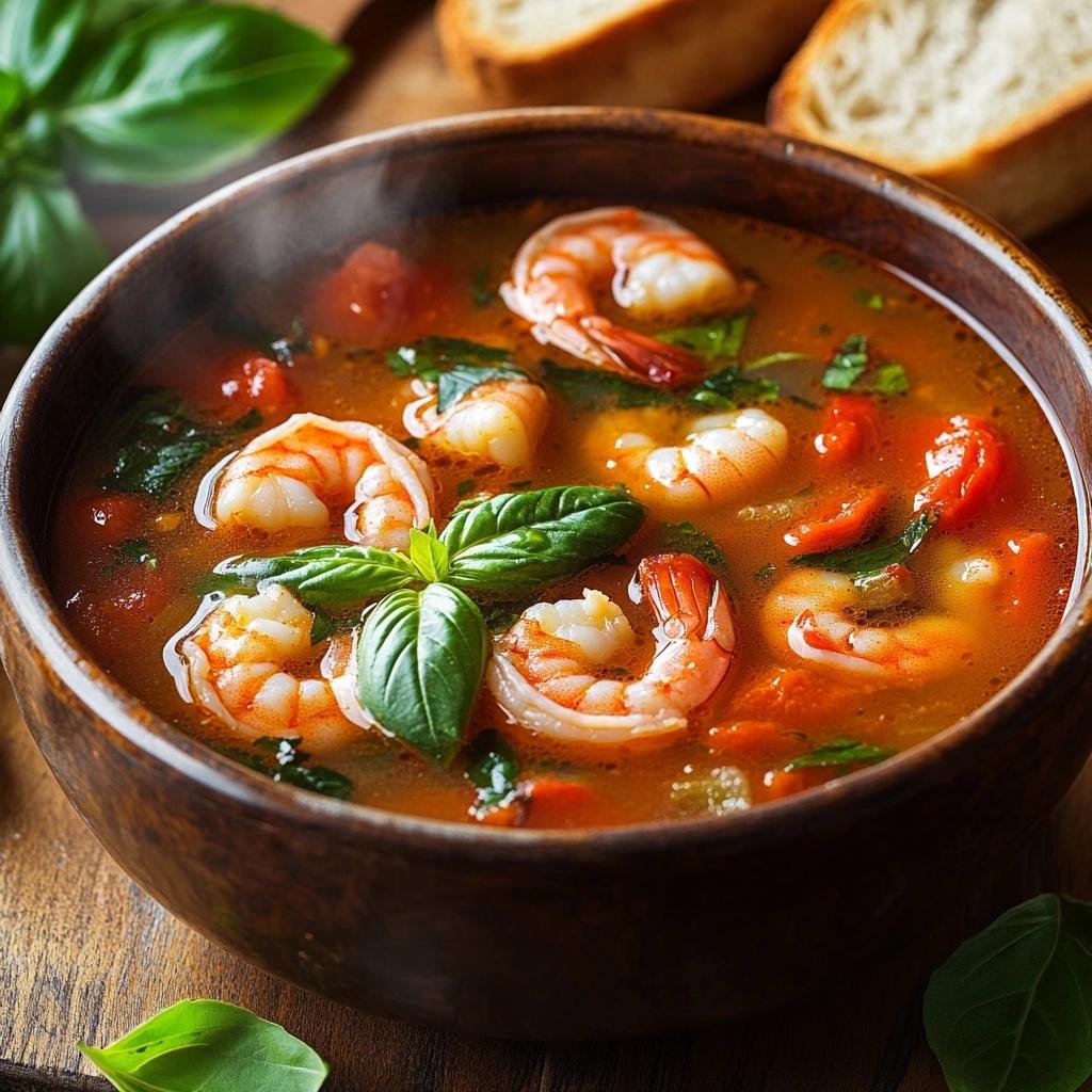 Receita de Sopa de Camarão com Tomate e Manjericão que vai surpreender seu paladar. 2 Sopa de Camarão com Tomate e Manjericão