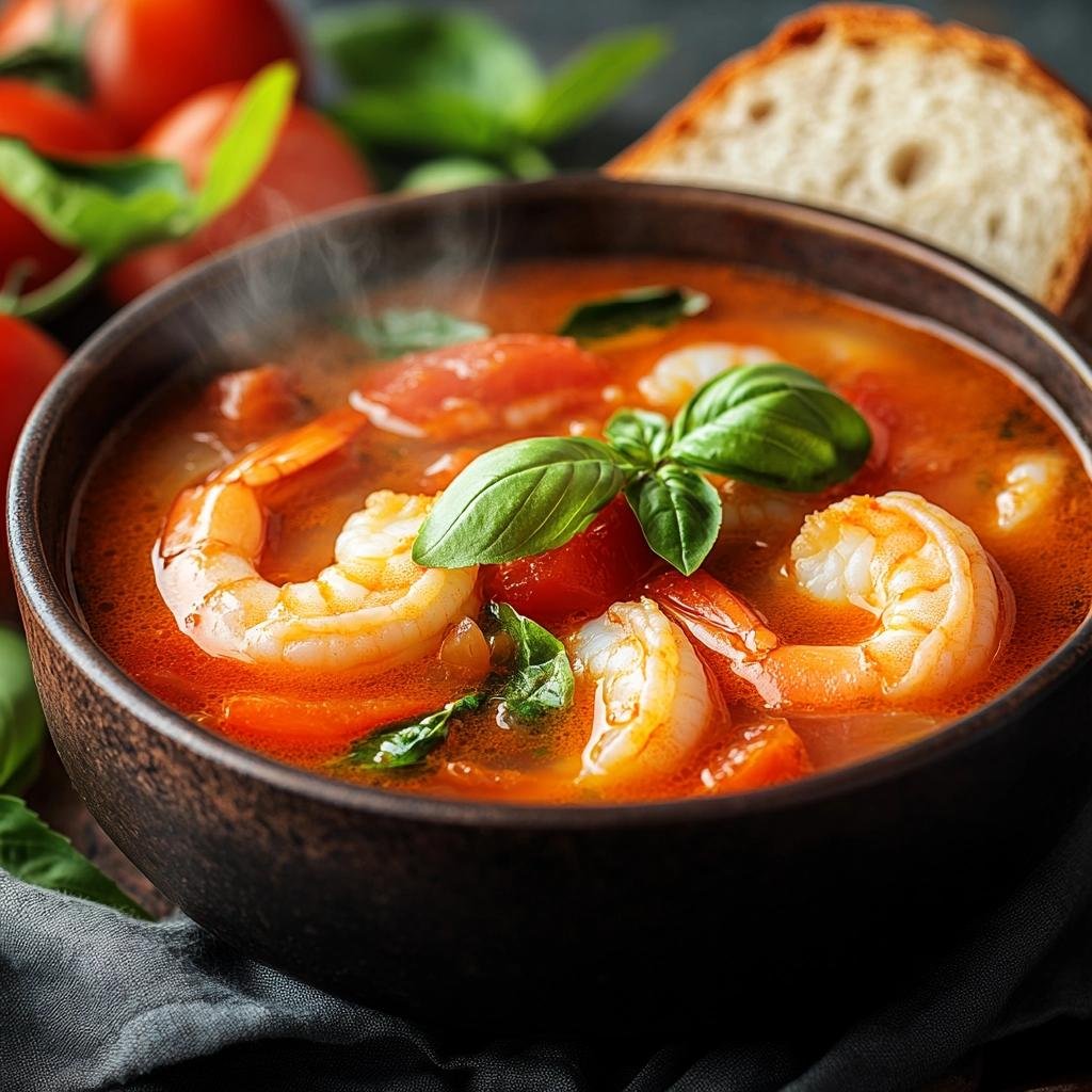 Receita de Sopa de Camarão com Tomate e Manjericão que vai surpreender seu paladar. 4 Sopa de Camarão com Tomate e Manjericão