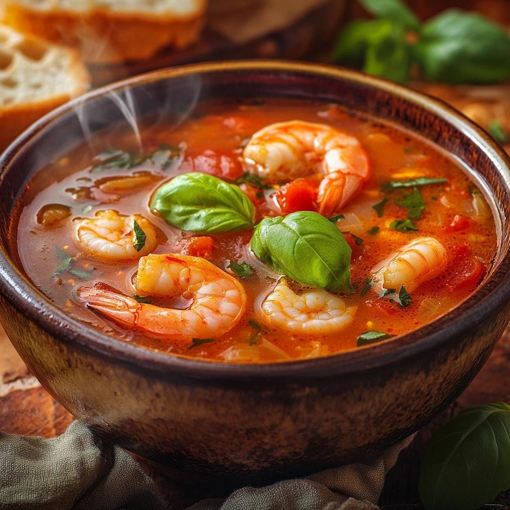 Receita de Sopa de Camarão com Tomate e Manjericão que vai surpreender seu paladar. 1 Sopa de Camarão com Tomate e Manjericão