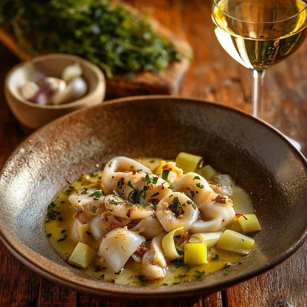 Receita de Lula ao Vinho Branco e Alho-Poró que vai transformar seu jantar em uma experiência gourmet. 4 Lula ao Vinho Branco e Alho-Poró
