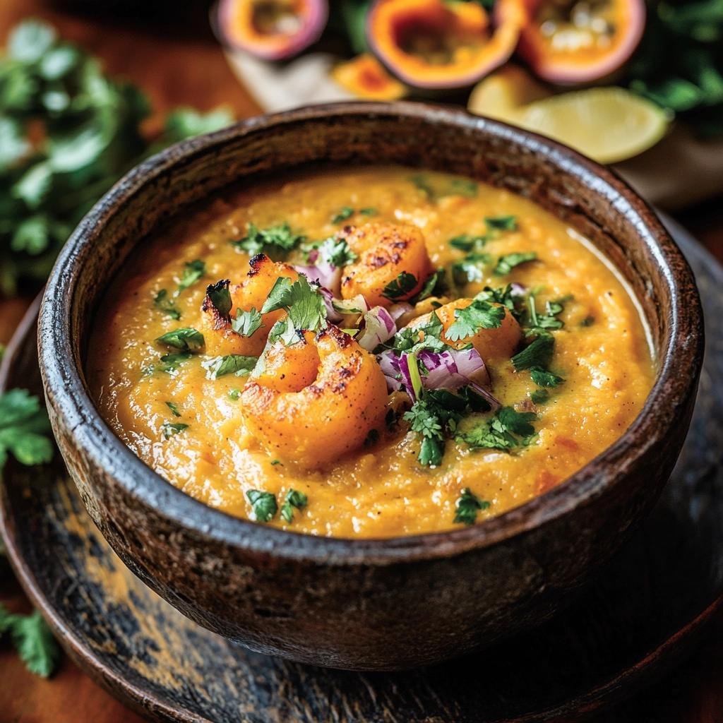 Receita de Bobó de Camarão com Purê de Inhame e Toque de Abóbora com Maracujá Surpreendente. 3 Bobó de Camarão com Purê de Inhame e Coentro com Abóbora com Maracujá