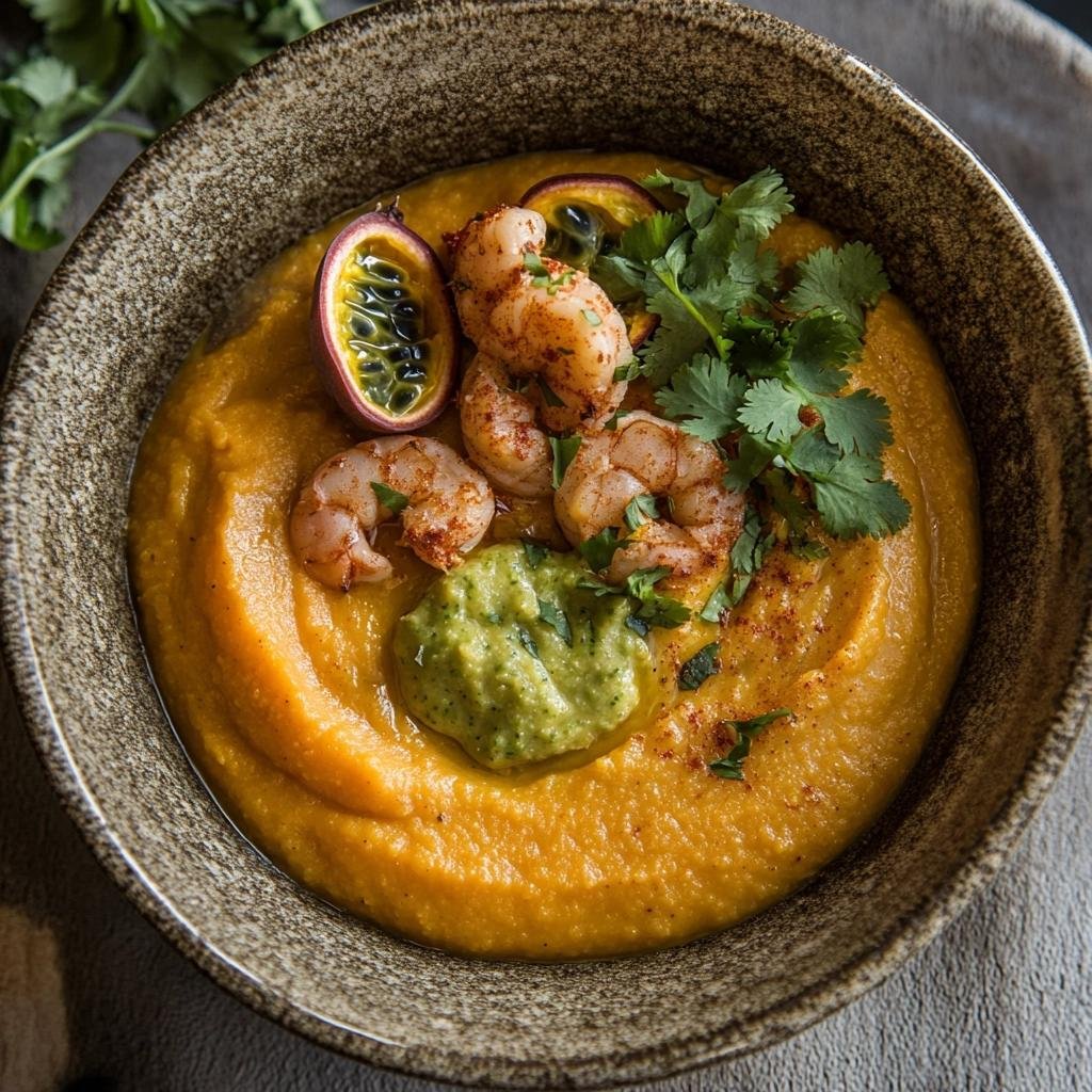 Receita de Bobó de Camarão com Purê de Inhame e Toque de Abóbora com Maracujá Surpreendente. 4 Bobó de Camarão com Purê de Inhame e Coentro com Abóbora com Maracujá