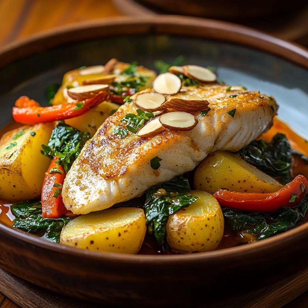 Receita de Peixe Espada à Portuguesa com Batatas e Pimentão que vai surpreender seu paladar. 3 Peixe Espada à Portuguesa com Batatas e Pimentão com Espinafre com Amêndoas