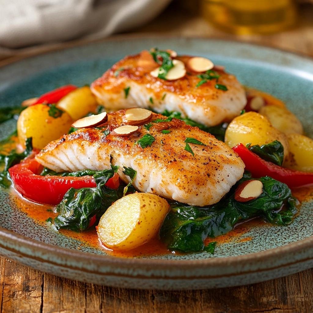 Receita de Peixe Espada à Portuguesa com Batatas e Pimentão que vai surpreender seu paladar. 2 Peixe Espada à Portuguesa com Batatas e Pimentão com Espinafre com Amêndoas
