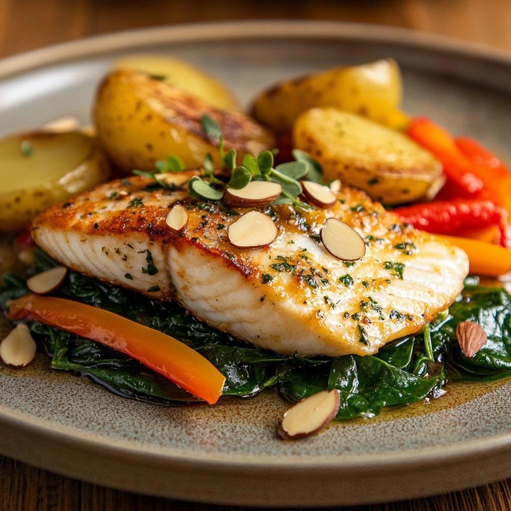 Receita de Peixe Espada à Portuguesa com Batatas e Pimentão que vai surpreender seu paladar. 4 Peixe Espada à Portuguesa com Batatas e Pimentão com Espinafre com Amêndoas