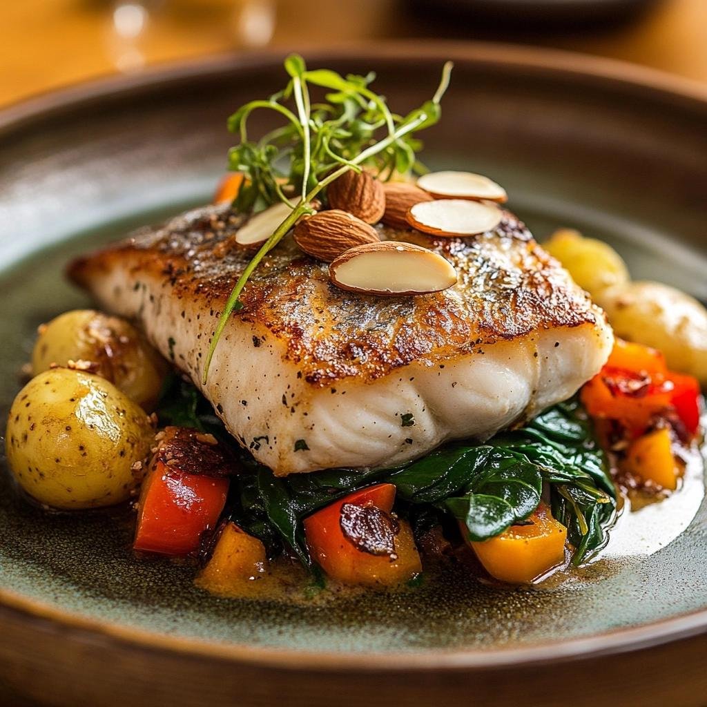 Receita de Peixe Espada à Portuguesa com Batatas e Pimentão que vai surpreender seu paladar. 1 Peixe Espada à Portuguesa com Batatas e Pimentão com Espinafre com Amêndoas