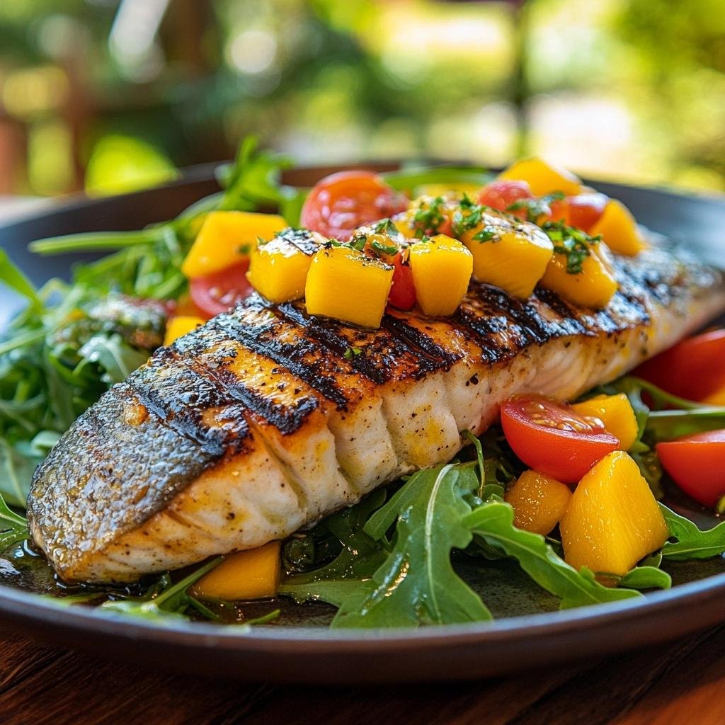 Receita de peixe grelhado com molho de manga e pimenta e salada de rúcula que vai surpreender. 3 Peixe Grelhado com Molho de Manga e Pimenta e Salada de Rúcula com Tomate