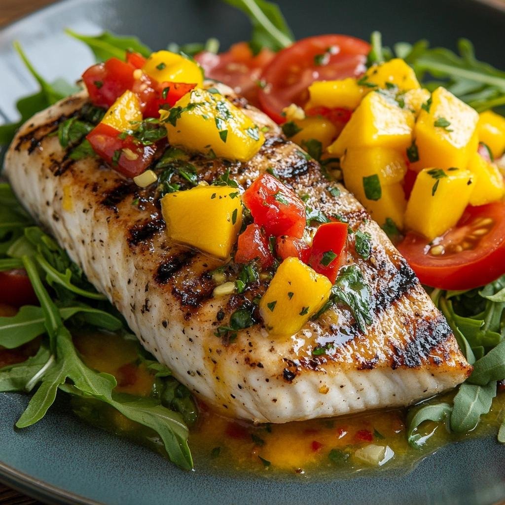 Receita de peixe grelhado com molho de manga e pimenta e salada de rúcula que vai surpreender. 2 Peixe Grelhado com Molho de Manga e Pimenta e Salada de Rúcula com Tomate