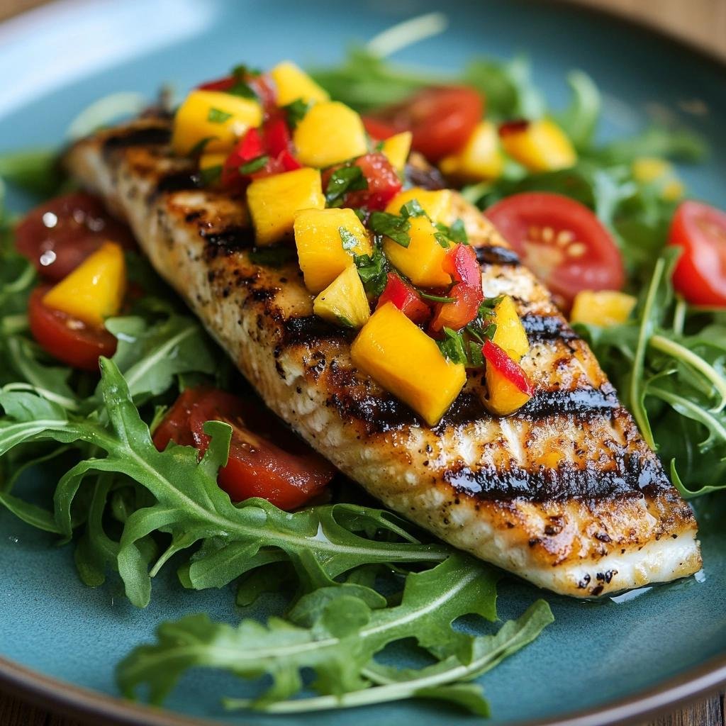 Receita de peixe grelhado com molho de manga e pimenta e salada de rúcula que vai surpreender. 1 Peixe Grelhado com Molho de Manga e Pimenta e Salada de Rúcula com Tomate