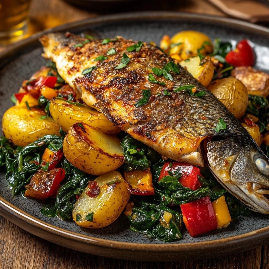 Receita de Peixe Espada à Portuguesa com Batatas e Pimentão em um Refogado de Espinafre. 1 Peixe Espada à Portuguesa com Batatas e Pimentão com Espinafre com Batata
