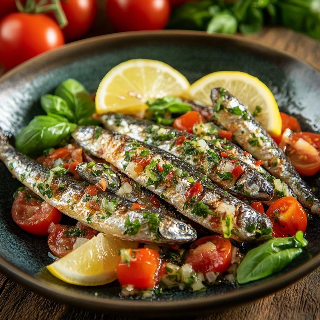Receita de Sardinhas Marinadas com Ervas e Limão que Transformam seu Almoço em uma Festa. 4 Sardinhas Marinadas com Ervas e Limão com Tomate e Manjericão