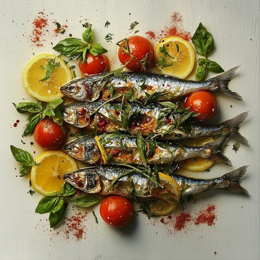 Receita de sardinhas marinadas com ervas e limão que vão transformar seu paladar. 2 Sardinhas Marinadas com Ervas e Limão com Tomate e Manjericão com Páprica